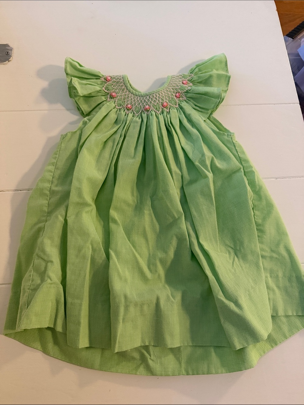 Light Green Smocked Flutter-Sleeve Girls Dress